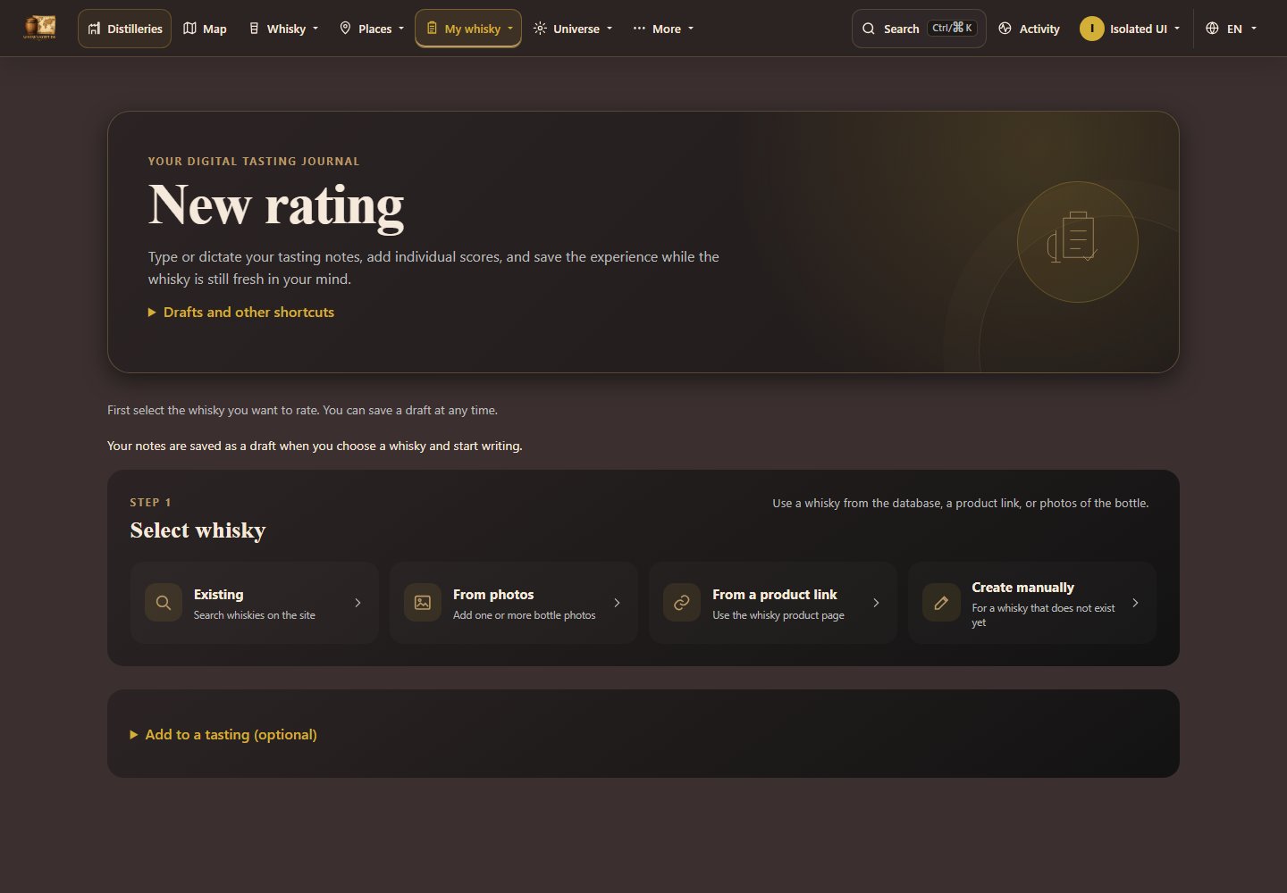 Choose your whisky first; other shortcuts can be expanded.